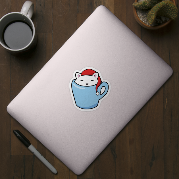 Cute Christmas cat sitting in a blue cup by Purrfect